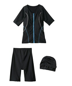 水着 フィットネス 競泳 レディース キャップ付 半袖 3点セット ブラック/杢チャコール L/LL/3L 水泳 トレーニング 運動 ジム ニッセン nissen