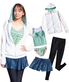 水着 レディース ラッシュガード ＆ トレンカ付 タンキニ 5点セット ネイビー/ミントグリーン L/LL/3L かわいい おしゃれ ニッセン nissen