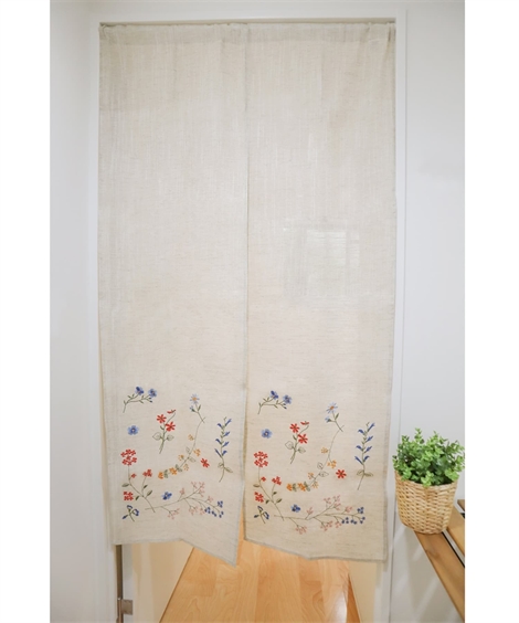 幅85×長さ150cm セットアップ カーテン カフェ ボタニカルの刺繍が可愛い ナチュラルのれん ピンク セール特価 ブルー パープル レッド nissen ニッセン