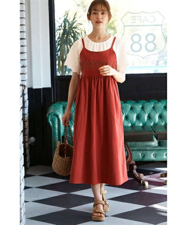 楽天市場 ワンピース ロング マキシ 大きいサイズ レディース 綿100 刺しゅうポイント ジャンパー スカート 黒系 赤系 4l 5l 6l ニッセン Nissen ニッセン 楽天市場店