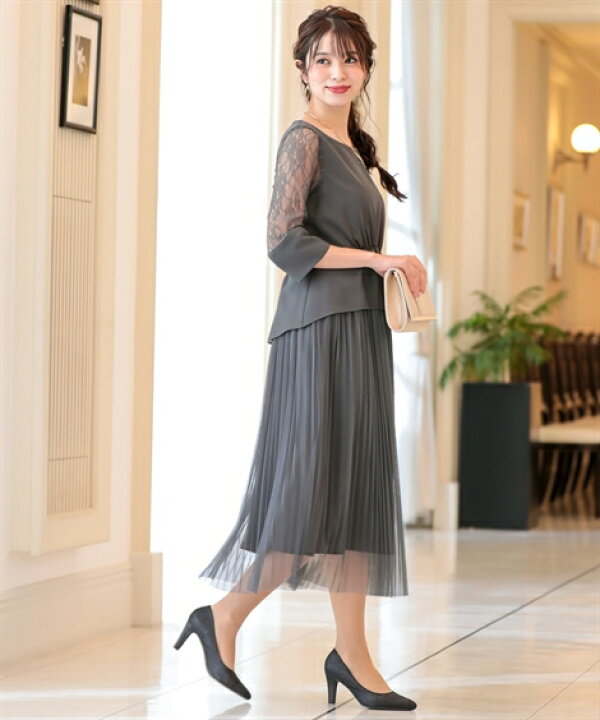 楽天市場 ドレス パーティー レディース チュール スカート使い 袖 レース ワンピース 結婚式 二次会 お呼ばれ対応 グレー ネイビー S M L ニッセン Nissen ニッセン 楽天市場店