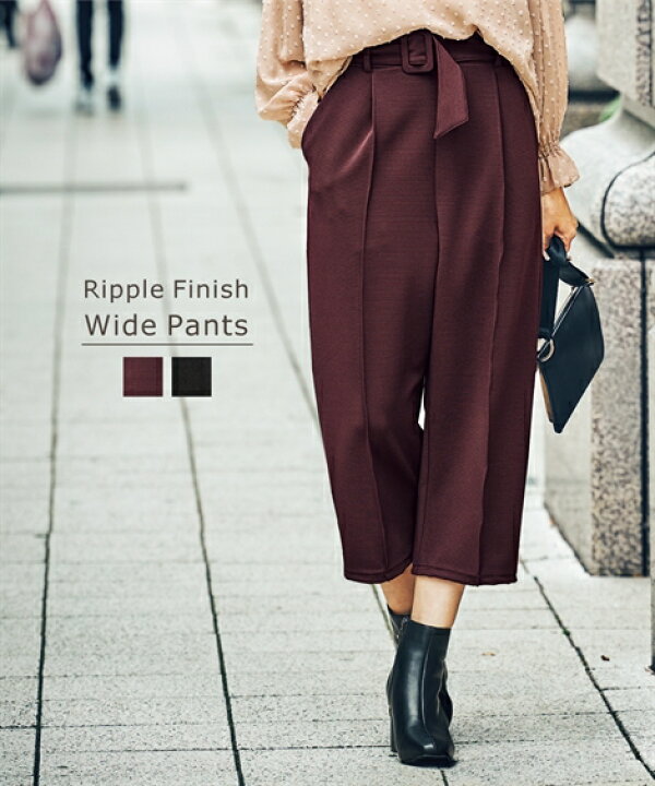 楽天市場 パンツ ワイド ガウチョ レディース ベルト付 リップル ワイド チョコレートブラウン 黒 S M L ニッセン Nissen ニッセン 楽天市場店