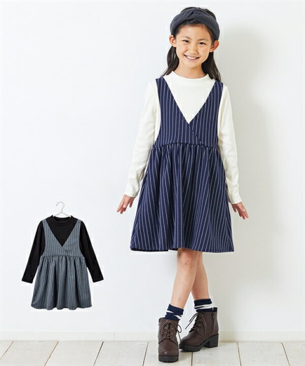 楽天市場 ワンピース ストライプ柄 ジャンスカ 重ね着風 ドッキング 女の子 子供服 ジュニア服 グレー系 ネイビー系 身長140 150 160cm ニッセン Nissen ニッセン 楽天市場店