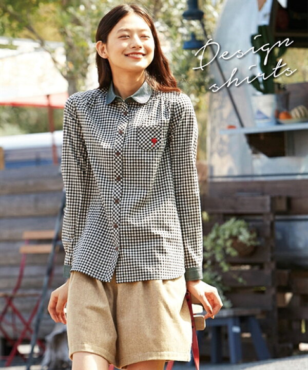 楽天市場 大きいサイズ レディース 異素材 コンビ 刺しゅう ポケット デザイン シャツ クリームイエロー 黒系ギンガムチェック L 10l ニッセン Nissen ニッセン 楽天市場店