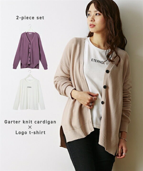 楽天市場 カーディガン レディース 着回し コーディネートセット ロゴ Tシャツ ガーター編み ニット 冬 オフ ベージュ オフ ラベンダー M L ニッセン Nissen ニッセン 楽天市場店