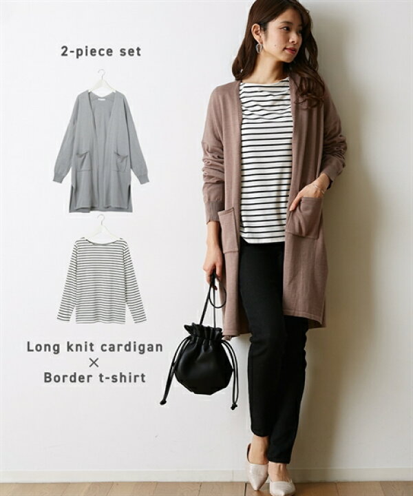 楽天市場 カーディガン レディース 着回し コーディネートセット ボーダー Tシャツ ロング ニット 冬 オフ系ボーダー モカベージュ オフ系ボーダー 杢グレー グレー系ボーダー ネイビー M L ニッセン Nissen ニッセン 楽天市場店