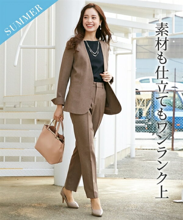 楽天市場 スーツ パンツ レディース シャンブレー素材 ノーカラー ジャケット テーパード ココア ライトグレー S M L ニッセン Nissen ニッセン 楽天市場店
