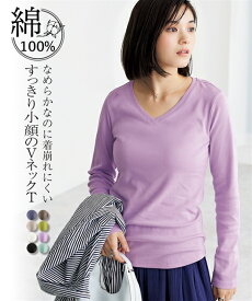 Tシャツ カットソー レディース UVカット 綿100％ フライス素材 Vネック 長袖 黒 S/M/L ニッセン nissen