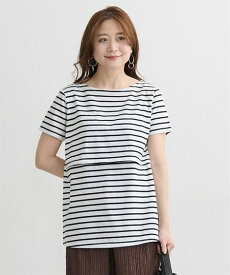 マタニティ トップス 授乳服 Tシャツ ママ 産前 産後 授乳しやすい ボーダー 半袖 オフ×黒 LL/3L ニッセン nissen