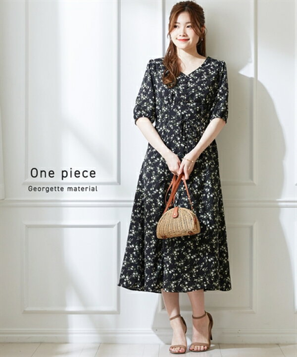 楽天市場 ワンピース ロング マキシ レディース 小花柄 ぽわん袖 黒系小花柄 M L ニッセン Nissen ニッセン 楽天市場店