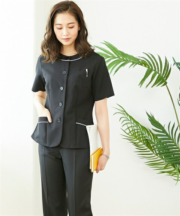 楽天市場 事務服 ブラウス レディース カットソー ノーカラー オーバー 消臭ネーム付 ネイビー 黒 S M L ニッセン Nissen ニッセン 楽天市場店
