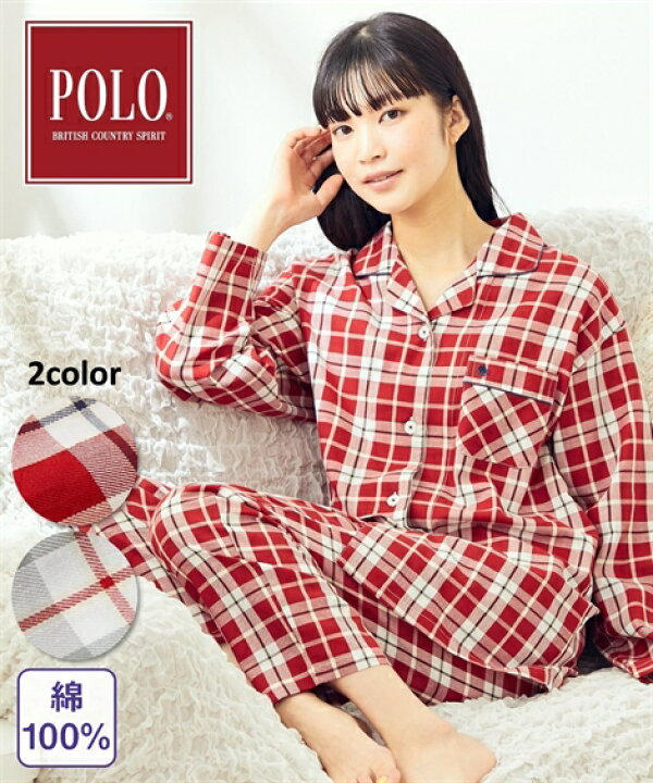 楽天市場 パジャマ 上下セット 大きいサイズ レディース Polo s 綿100 ビエラ チェック柄 シャツ グレー系 赤系 4l 5l ニッセン Nissen ニッセン 楽天市場店