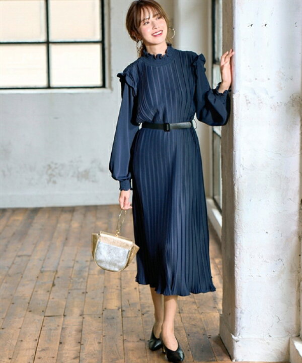 楽天市場 ワンピース ロング マキシ 大きいサイズ レディース プリーツ 合皮 ベルト付 Fifth ネイビー ベイクドオレンジ L 10l ニッセン Nissen ニッセン 楽天市場店