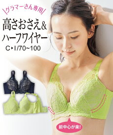 ブラジャー ワイヤー入り レディース グラマーサイズ きれいな丸胸になる ハーフ ワイヤー ネイビー×ピンク/ライム D70〜F80 インナー 女性 ニッセン nissen