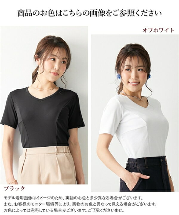 楽天市場 Tシャツ カットソー レディース 大きい胸専用 Vネック 切り替え 美ライン 半袖 コットン100 オフホワイト ダスティブルー ブラック M L ニッセン Nissen ニッセン 楽天市場店