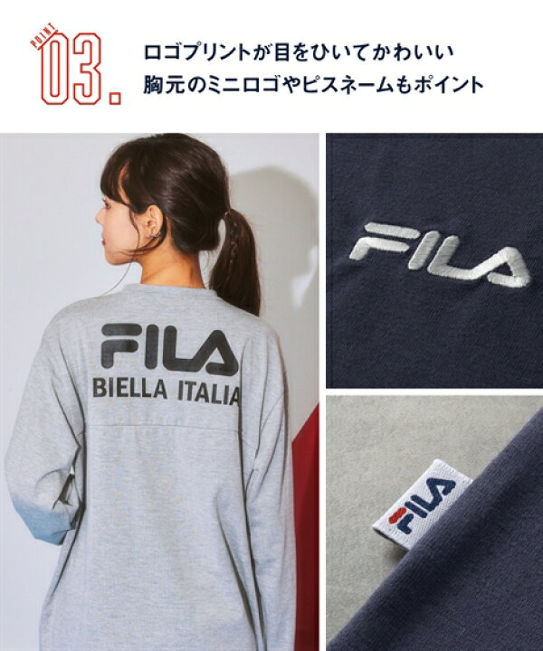 楽天市場 Tシャツ カットソー レディース Fila バック プリント ダークブルー モカ 黒 杢グレー S M L Ll ニッセン Nissen ニッセン 楽天市場店