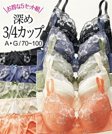 ブラジャー ショーツ セット レディース 安定感のある深め3/4カップ編 レース 5セット組 5セット組 E70_M〜F80_LL ブラショーツ 女性 インナー パンツ パンティ ニッセン nissen