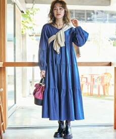 ワンピース ロング マキシ 大きいサイズ レディース ゆるシルエットティアード デザイン ウオッシュドブルー デニム 黒 L〜LL/3L〜4L ひざ下 ニッセン nissen