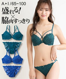 ブラジャー ショーツ セット レディース 脇高ストリング総 レース グリーン/ブルー A65_M〜D80_L ブラショーツ 女性 インナー パンツ パンティ ニッセン nissen