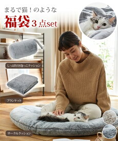 福袋 3点セット 猫Feel 猫フィール 猫とくつろぐ クッション × ブランケット スコティッシュフォールド ベージュ系 /ロシアンブルー グレー系 ニッセン nissen