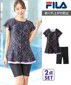 FILA 水着 フィットネス 競泳 大きいサイズ レディース フリル袖付 プリント チュニック 2点セット 水泳 トレーニング 運動 ジム ネイビー系/ワイン系 4L/5L/6L ニッセン nissen