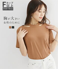 Tシャツ カットソー レディース 大きい胸専用 チョーカーリブ 半袖 キャラメルブラウン/ブラック M/L ニッセン nissen