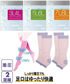 靴下 レディース 大きいサイズ 雑誌ラファーファ掲載商品 足口ゆったりおやすみ着圧ハイ ソックス 2足組 Free Fit パープル×ピンク/ブラック 3L〜4L/5L〜6L/7L〜8L ニッセン nissen