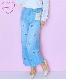 ストレートパンツ レディース リボン刺しゅうパール調 デニム パンツ marun 美脚 ボトムス ズボン インディゴ/ブルー L〜6L ニッセン nissen