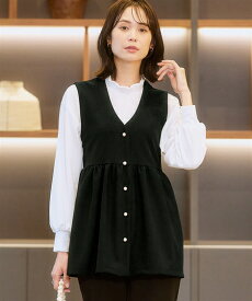 ベスト レディース カットソー 素材パール調ボタンペプラム切替ジレ 重ね着 レイヤード ネイビー/黒 S〜6L ニッセン nissen