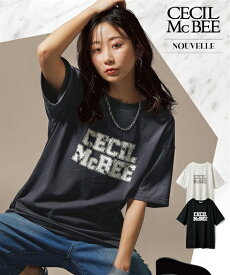 【最大15%OFF SALE！7/28 10:59まで】Tシャツ カットソー レディース CECIL McBEE スタッズ使い プリント オフホワイト/チャコールグレー/黒 S〜6L ニッセン nissen