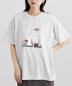 Tシャツ カットソー レディース パールモチーフ 付ねこちゃん プリント 夏 アイボリー/オフホワイト/黒 | M/L | ニッセン nissen