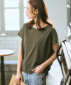 Tシャツ カットソー レディース 落ち感素材肩タックシルキー トップス 接触冷感 UVカット 吸汗速乾 夏 カーキ/チャコールグレー/ベージュ/黒 | S〜6L | ニッセン nissen