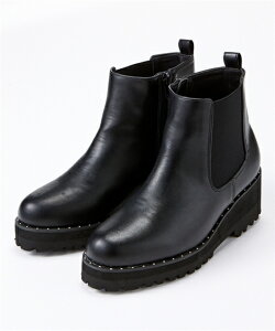 【店内全品対象★15%OFFクーポン★今すぐ使える→10/27 10:59まで】靴(シューズ) レディース ゆったり幅広 厚底サイドゴア ブーツ ワイズ4E 冬 シューズ 黒/黒スタッズ ニッセン nissen