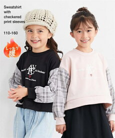 トレーナー 子供服 キッズ 裏ベロア袖チェック柄 プリント 女の子 冬 トップス スウェット プルオーバー ピンク/黒 | 身長110〜160cm | ニッセン nissen