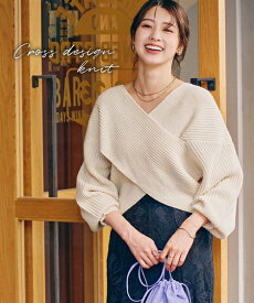 ニット セーター レディース クロス デザイン リブ 春 秋 冬 エクリュ/グレージュ/チャコールグレー杢 | S/M/L/LL | ニッセン nissen