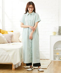 マタニティウェア・授乳服 【産前・産後 授乳服】先染め シャツワンピとしても使えるマタニティ半袖パジャマ(ワンピース+パンツ) ニッセン nissen 夏服