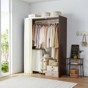 伸縮クローゼットハンガー カーテン付 木製サイドパネル付 ハンガーラック 衣類収納 ワードローブ 大容量収納 日本製 引っ越し 新生活 衣がえ 断捨離 ニッセン nissen サイズ展開:幅85~125cm〜