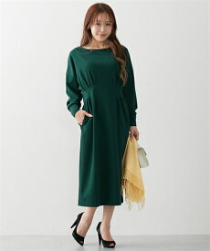 【11/27 10:00までの限定価格】ワンピース (S-3L)【大きい胸専用】 ウエストタック 長袖 ドルマンワンピース ポケット付 ニッセン 女性 レディース ウエストタック ワンピース 体型カバー