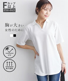 【レビューキャンペーン実施中】 トップス ニッセン 【大きい胸専用】 吸汗速乾 UVカット スキッパー襟 ポロチュニック 女性 レディース トップス 体型カバー カジュアル M L LL 3L Fカップ Gカップ Hカップ 夏 グラマーアパレル