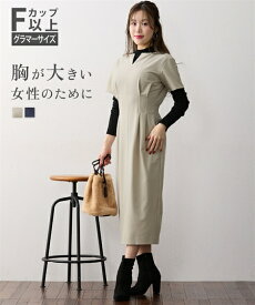 ワンピース M L LL 3L 大きいサイズ ニッセン 【大きい胸専用】 キーネック 半袖 ウエストタックワンピース (ポケット付) 女性 レディース ワンピース Fカップ Gカップ Hカップ
