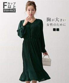ワンピース M L LL 3L 大きいサイズ ニッセン 【大きい胸専用】 Vネック 長袖 プリーツワンピース (裏地あり) 女性 レディース ワンピース ロングワンピース Fカップ Gカップ Hカップ