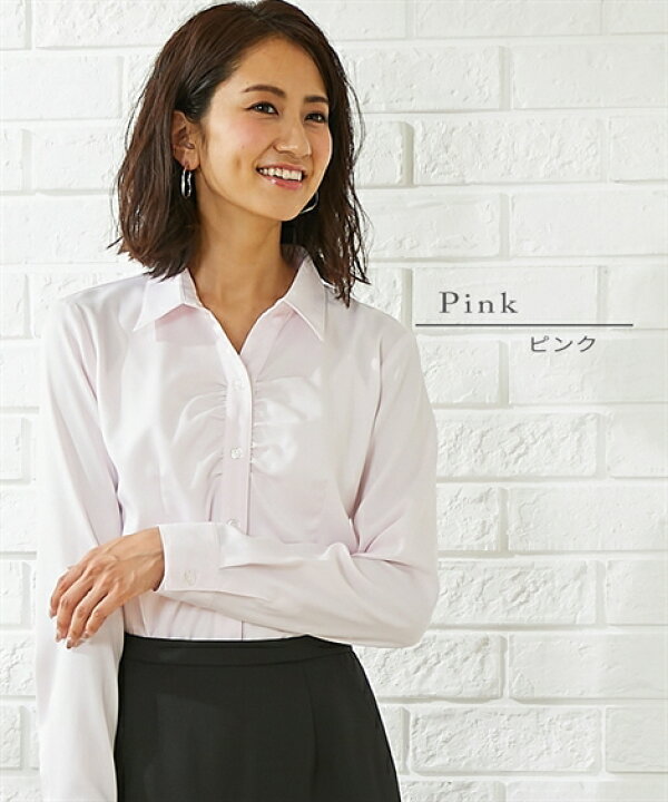 スキッパーシャツ ニッセン 事務服夏ブラウス 事務服 制服 トップス シャツ ブラウス レディース S-10L 洗える 選べる 胸ギャザー シンプル パウダーサテン スキッパーシャツ 抗菌 防臭 ニッセン 通勤 オフィス ビジネス 7days Life Styling by nissen