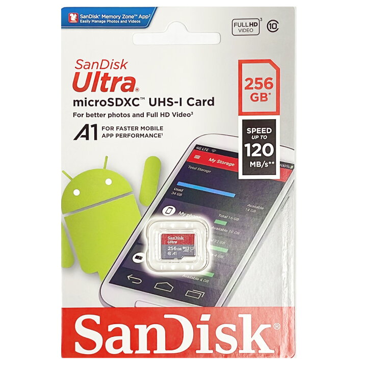 microSDカード 256GB SanDisk microSDXC 256GB 120MB/秒 アプリ最適化 A1対応 UHS-1 超高速  海外向けパッケージ SDカード変換アダプター付き 送料無料 NISSIN LUX