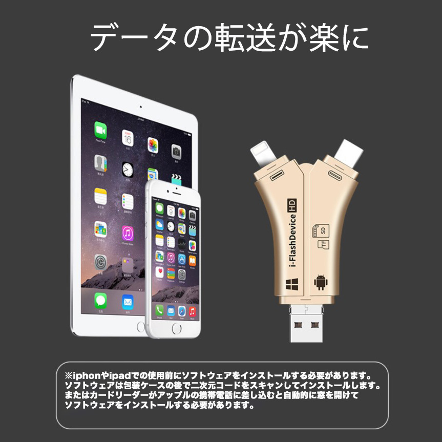 SDカードリーダー 4in1 iPhone  Micro USB Type C USB 全対応 ー iPhone iPad Android コンピューター用 SD TFカードリーダー microメモリSDカードリーダー