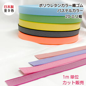 【日本製】【ポリウレタンカラー織ゴム】【パステルカラー】20mmx1m単位カット売り 【5mまでメール便可】全9色ゴム 平ゴム 織ゴム カラフル 手芸 洗濯に強い 耐久性 長持ち 短納期 衣料 ゴムバンド ゴムベルト ラッピング ギフト ライクラ ポリウレタン使用 かわいい