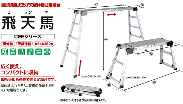 楽天市場】四脚調節式及び天板伸縮式足場台 飛天馬（ひてんま）CEE 25 