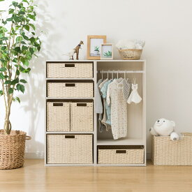 ハンガーポール付き キッズ・ベビー収納 カラーボックスNカラボレギュラーサイズ　バスケット付き ホワイトウォッシュ【玄関先迄納品】　ニトリ