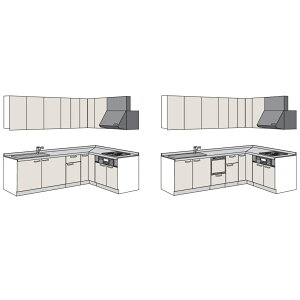 システムキッチン 開口255×180cm ハウステック L型 ガスコンロ 壁付け 収納カウンター 奥行65cm キッチンリフォーム ガスコンロ 開き扉タイプ 吊戸棚 ワークトップ キャビネット 一戸建て 水栓