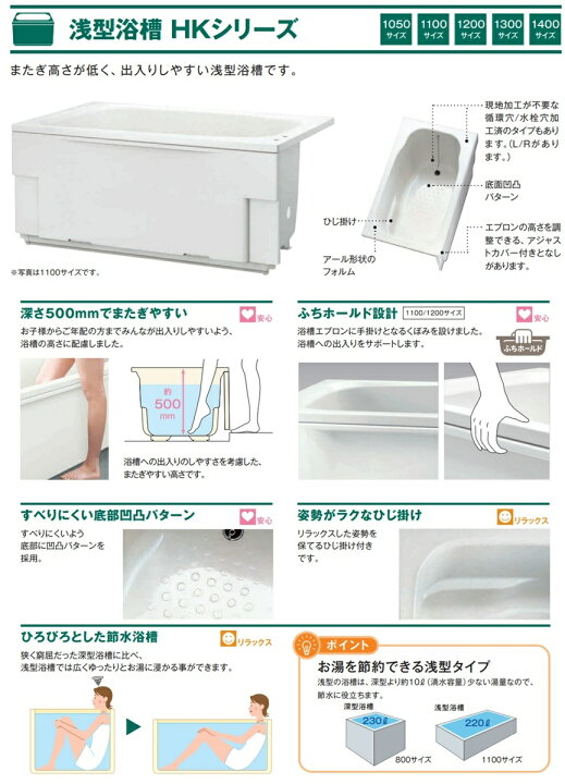 楽天市場】#Aハウステック 浅型浴槽 HKシリーズ 1100サイズ HK-1172B1 