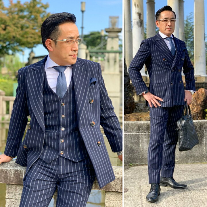 楽天市場】ネイビーストライプダブルジャケット秋冬スリーピーススーツ 